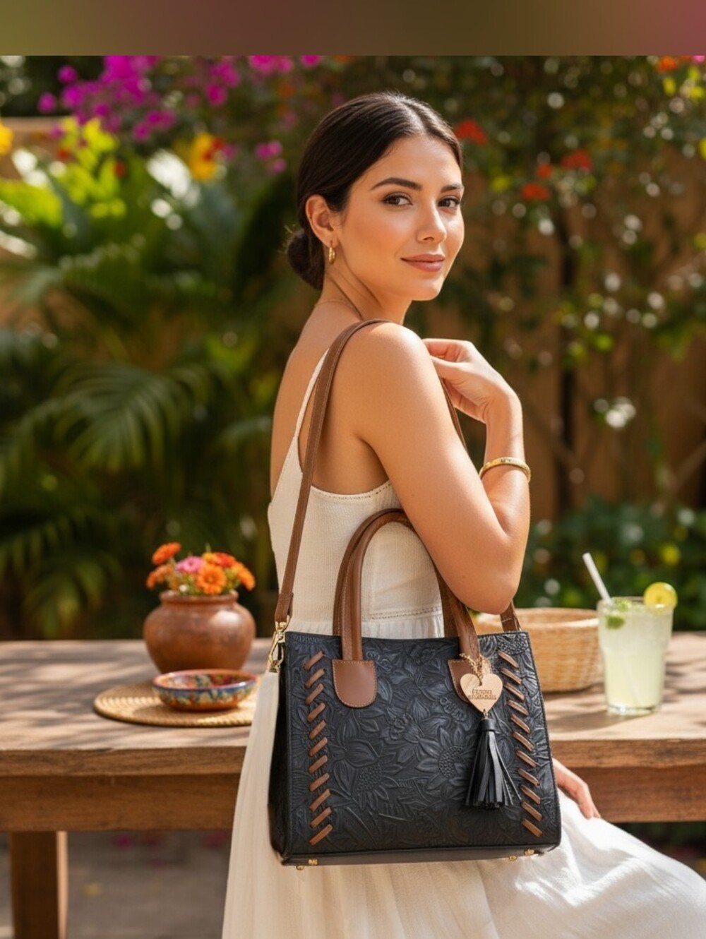 Black & Cognac Brown Sunflower Stitch Embossed Tooled Artisan LEATHER Bag Purse